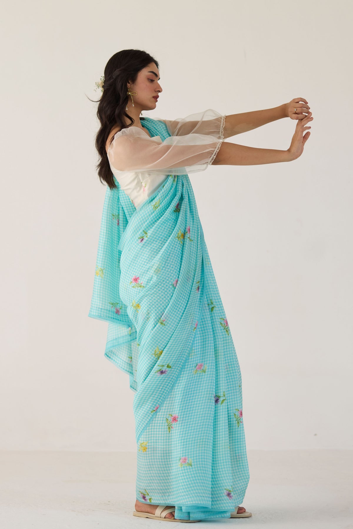 Blue Serene Meadow Mulberry Organza Silk Sari