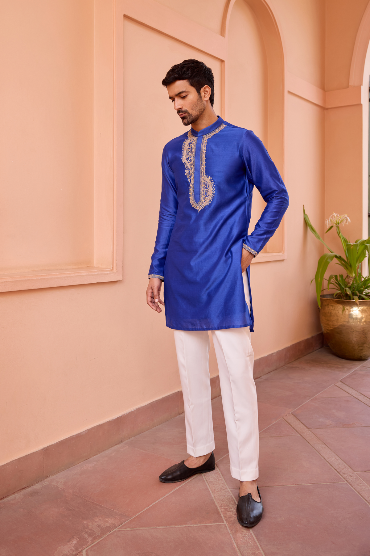 Blue dori and hand embroidered silk kurta