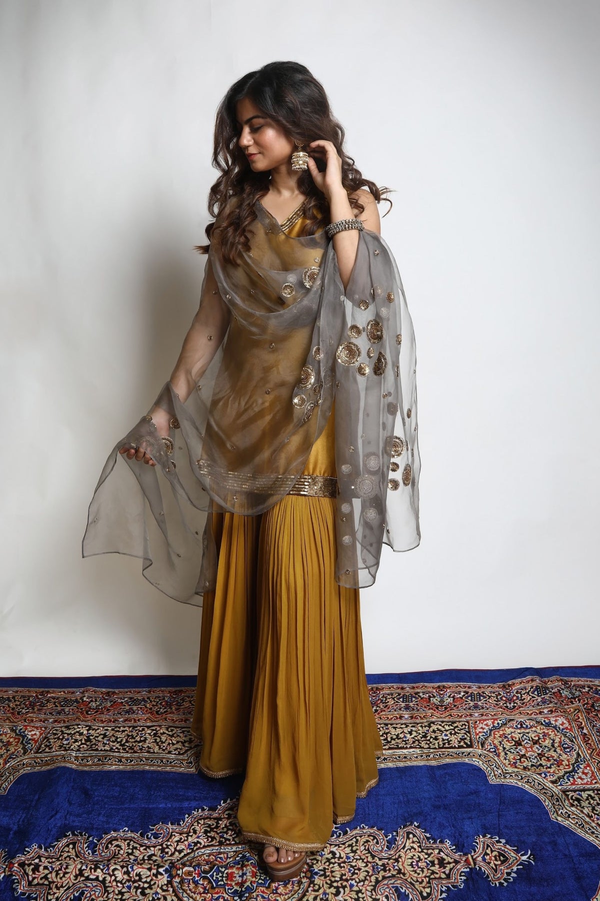 Burnt Gold &amp; Grey Embroidered Sharara Set