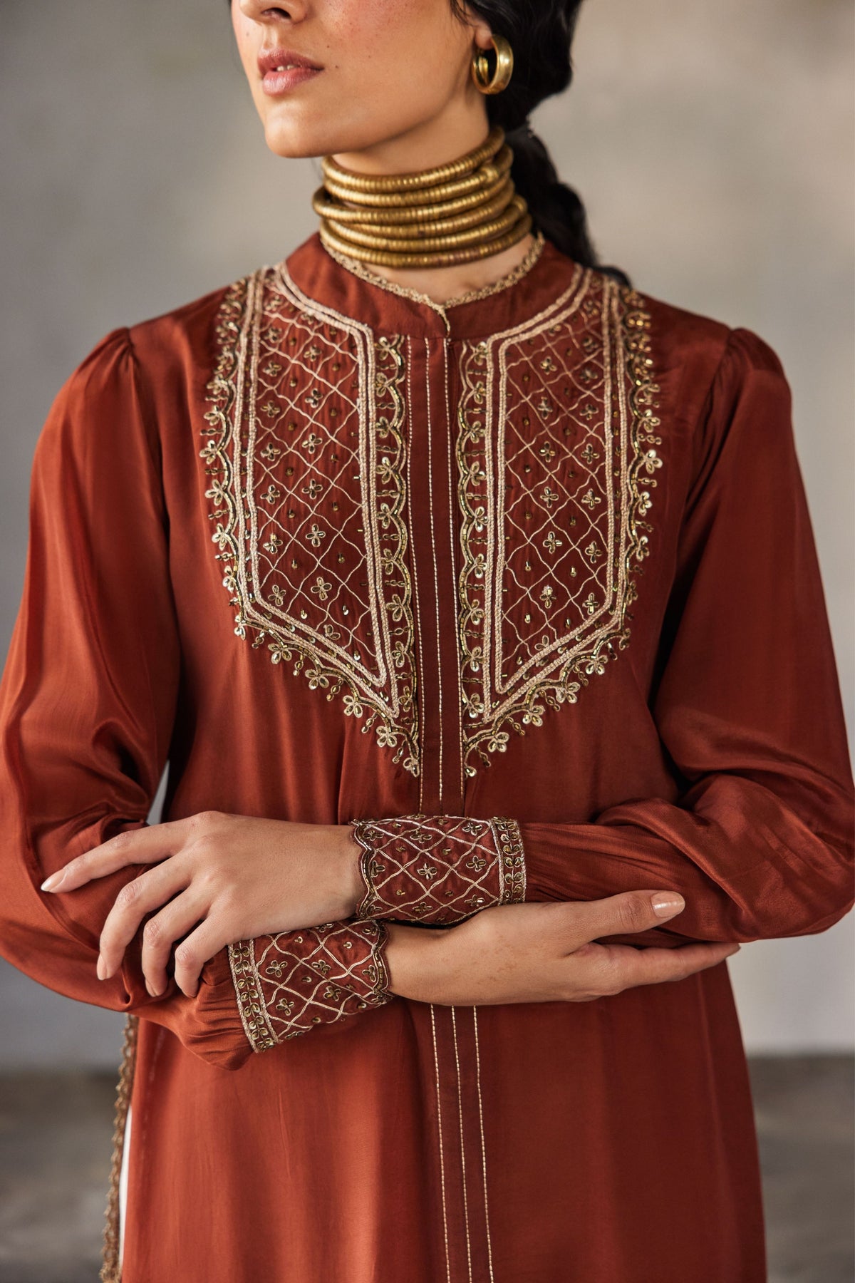 Rust Kurta With Beige Pants