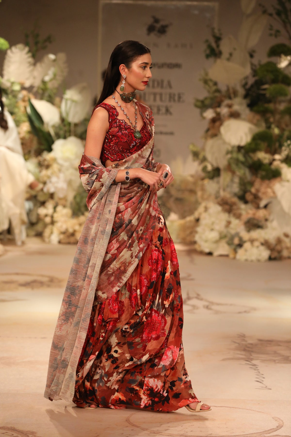 Red Printed Saree Gown With Bodice