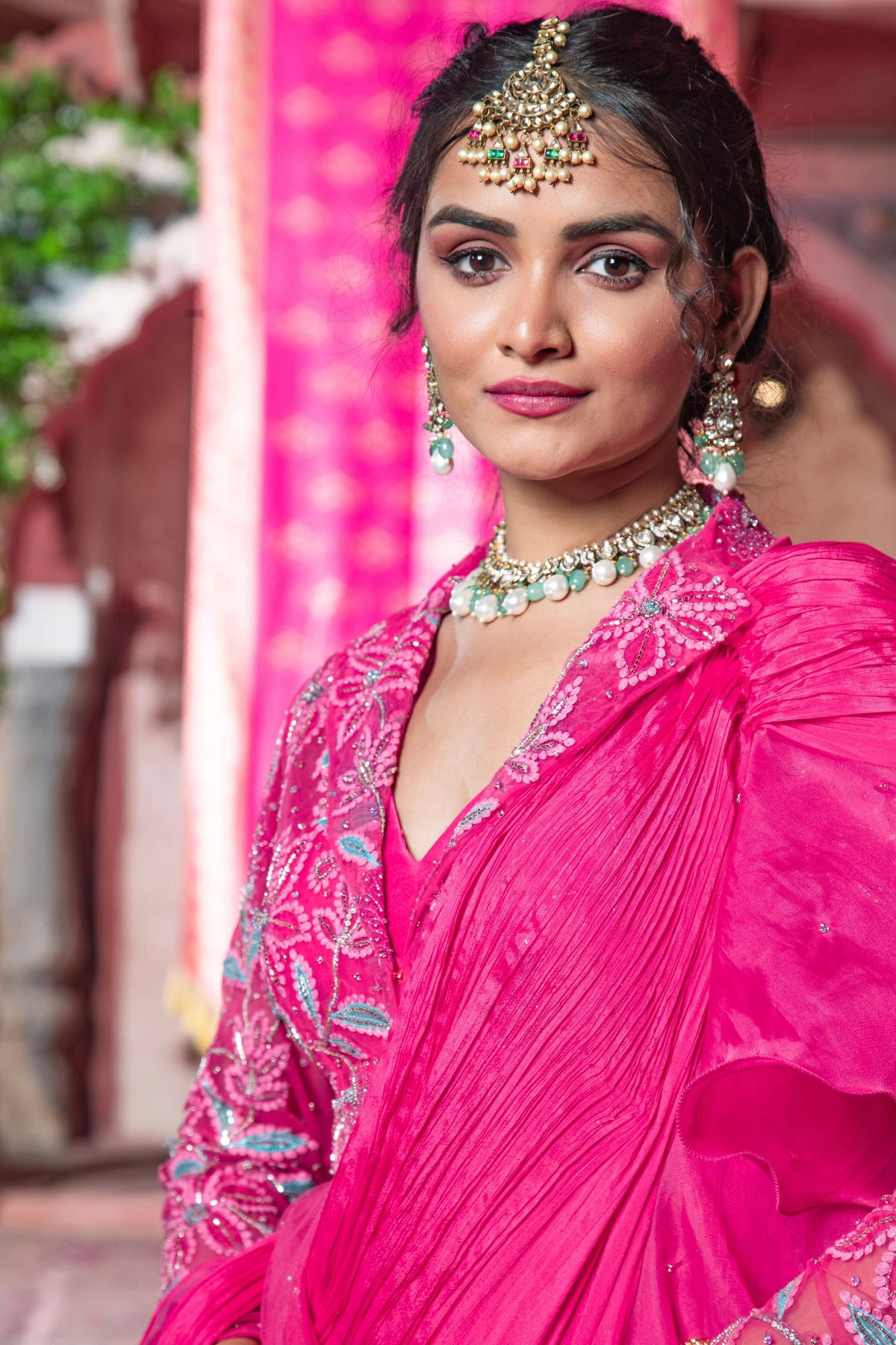 Hot Pink Embroidered Drape Saree Set