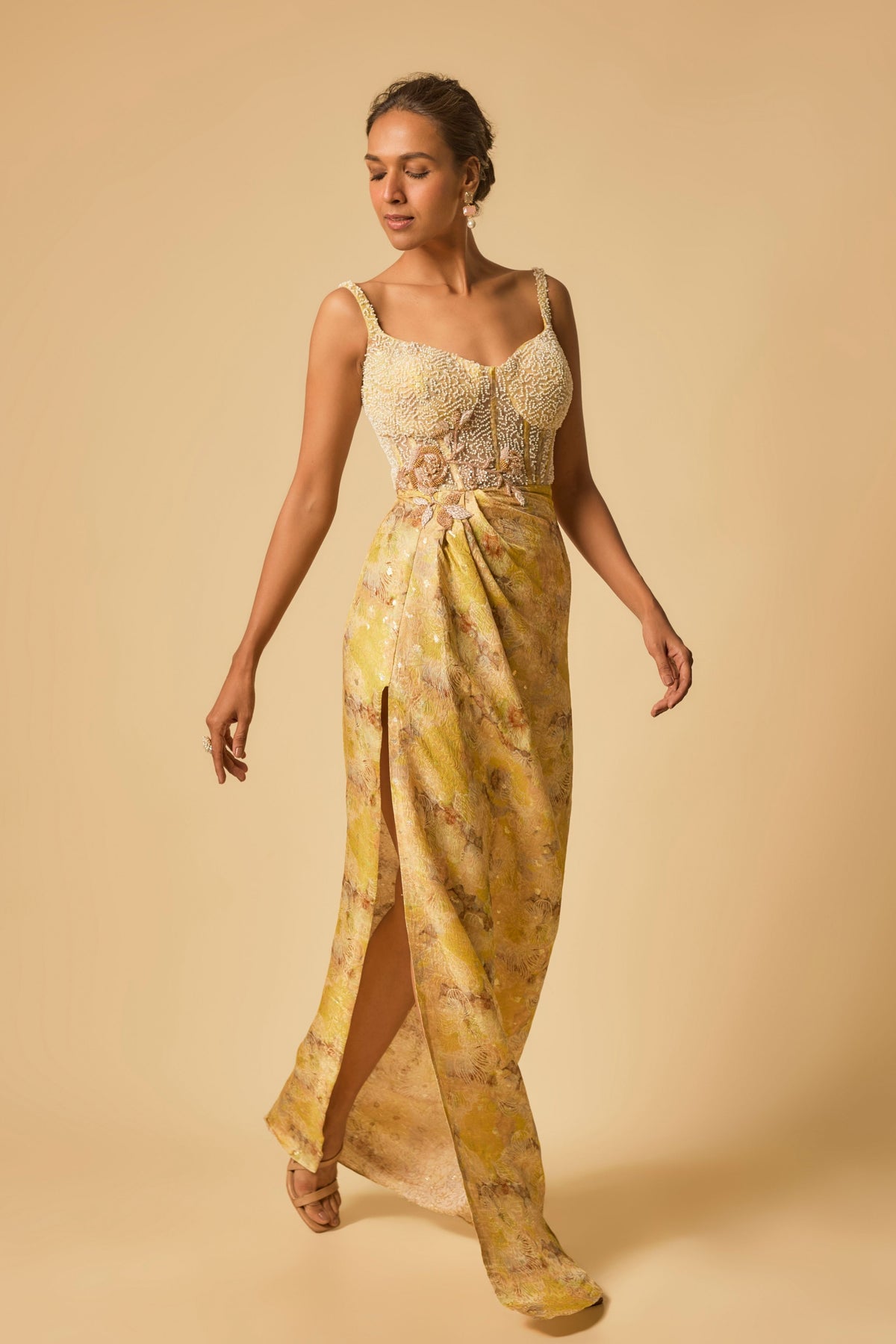 Yellow Brocade Embroidered Gown