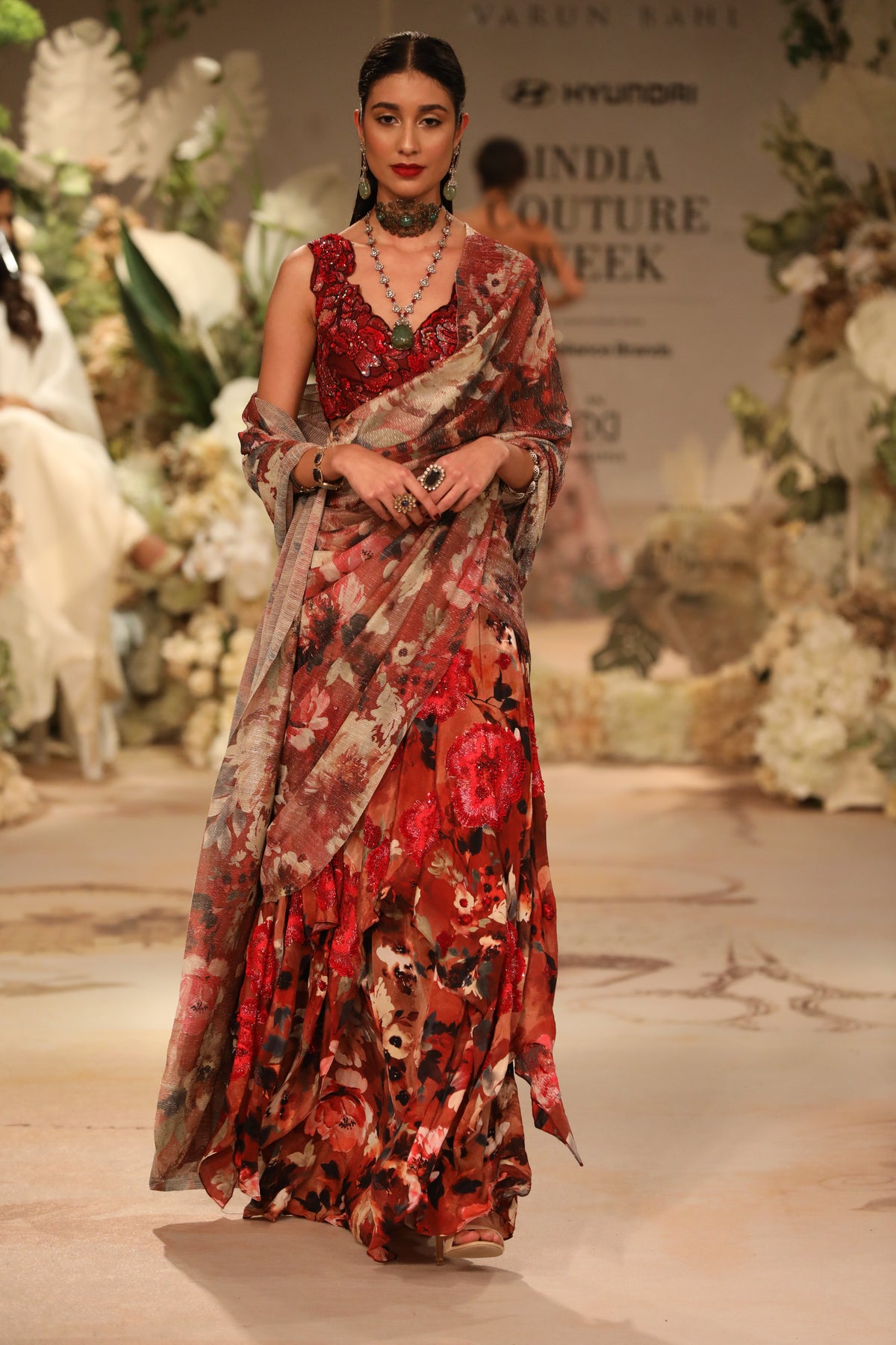 Red Printed Saree Gown With Bodice