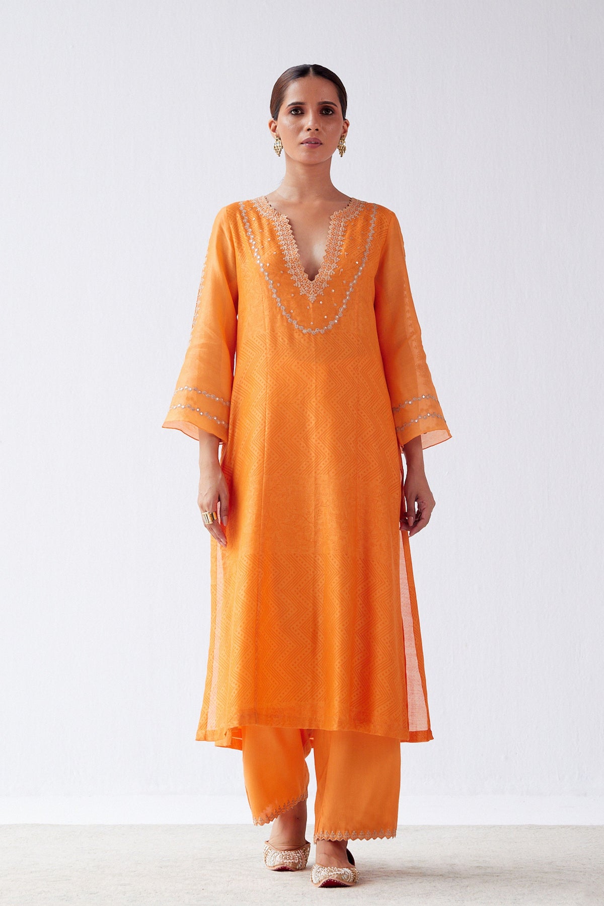 Orange Block Print Embroidered Kurta Set