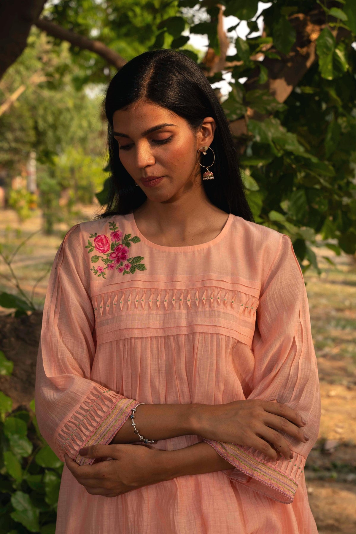 Peach Pleated Kurta  Set With Dupatta