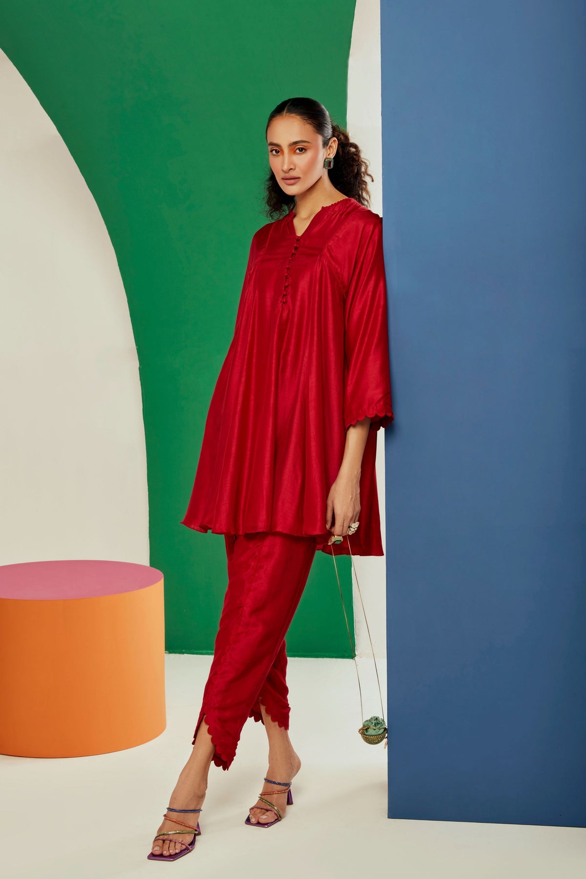 Red Short Kurta With Pants