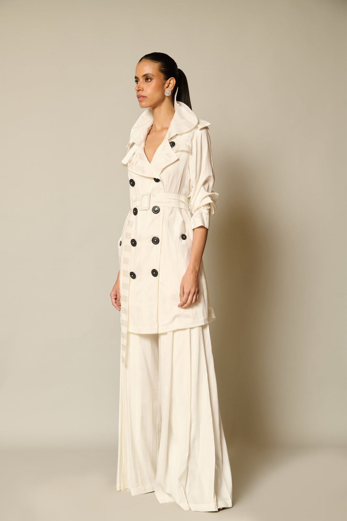 Checkmate Ivory Satin Striped Trench