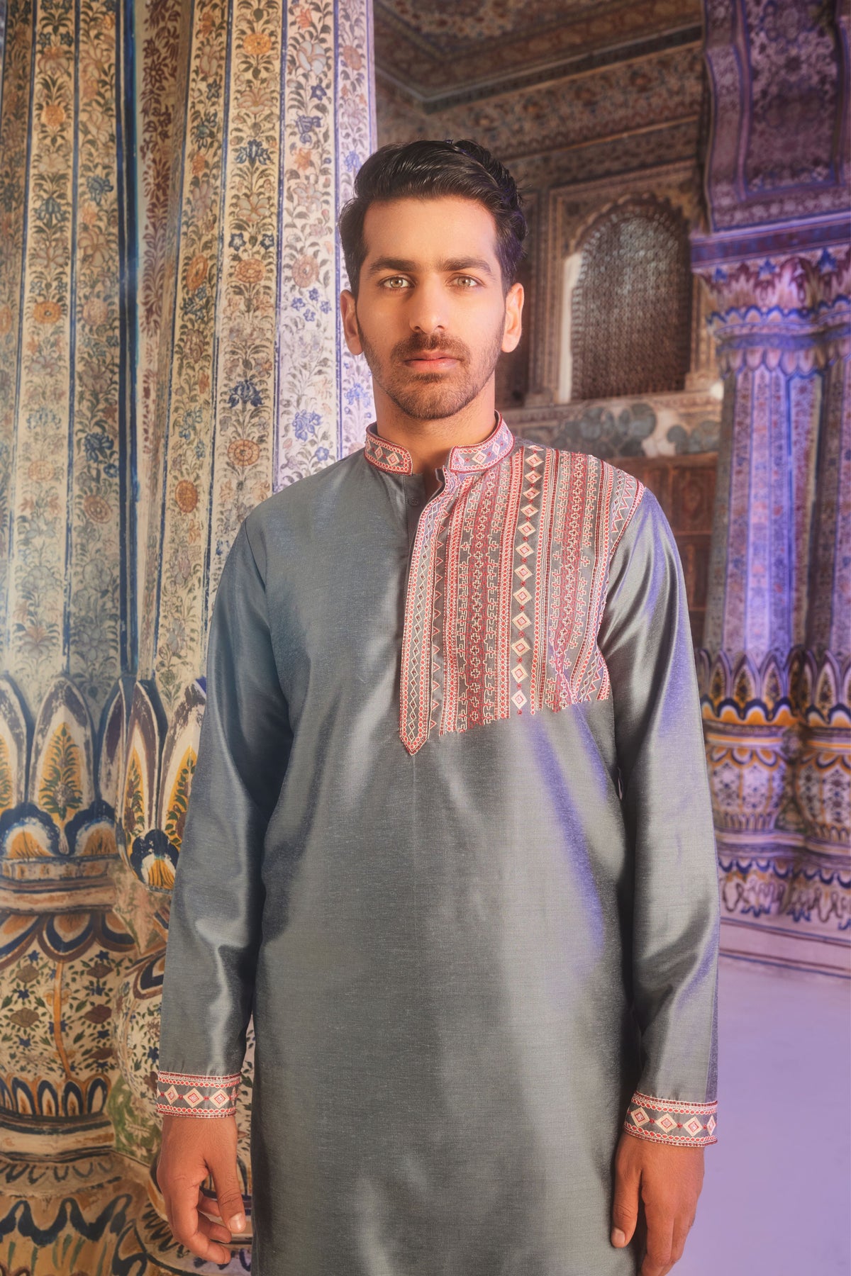 Grey Oneside Embroidered Kurta Set