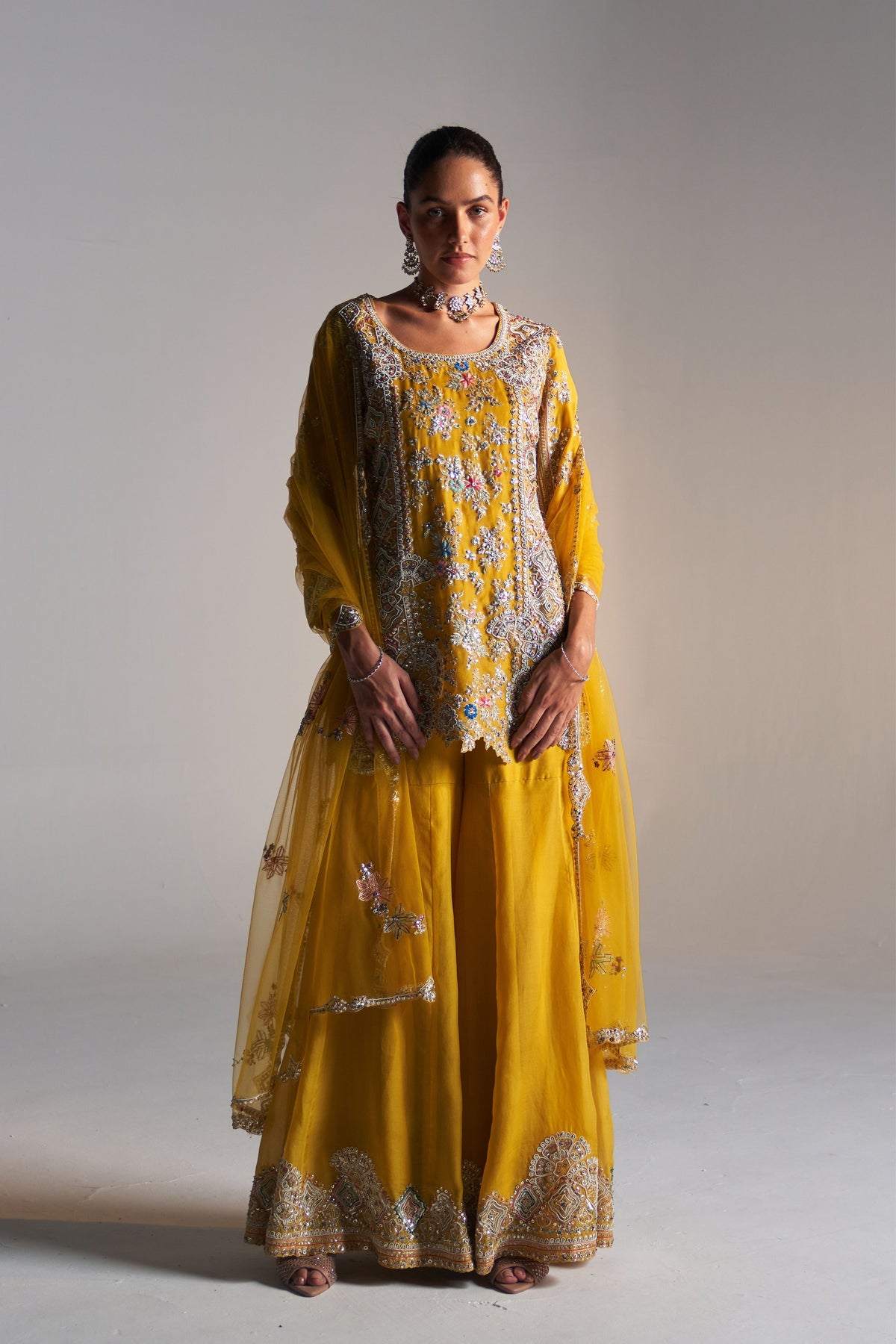 Honey Gold Embroidered Sharara Set