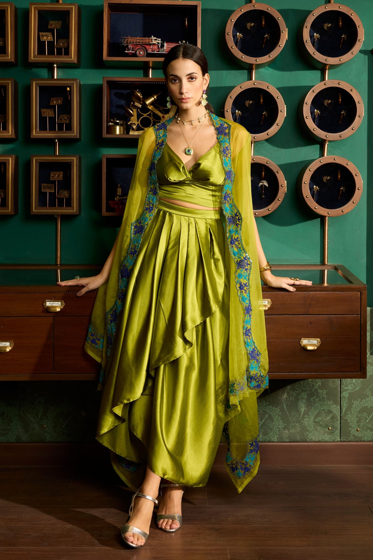 Green Embroidered Cape Set