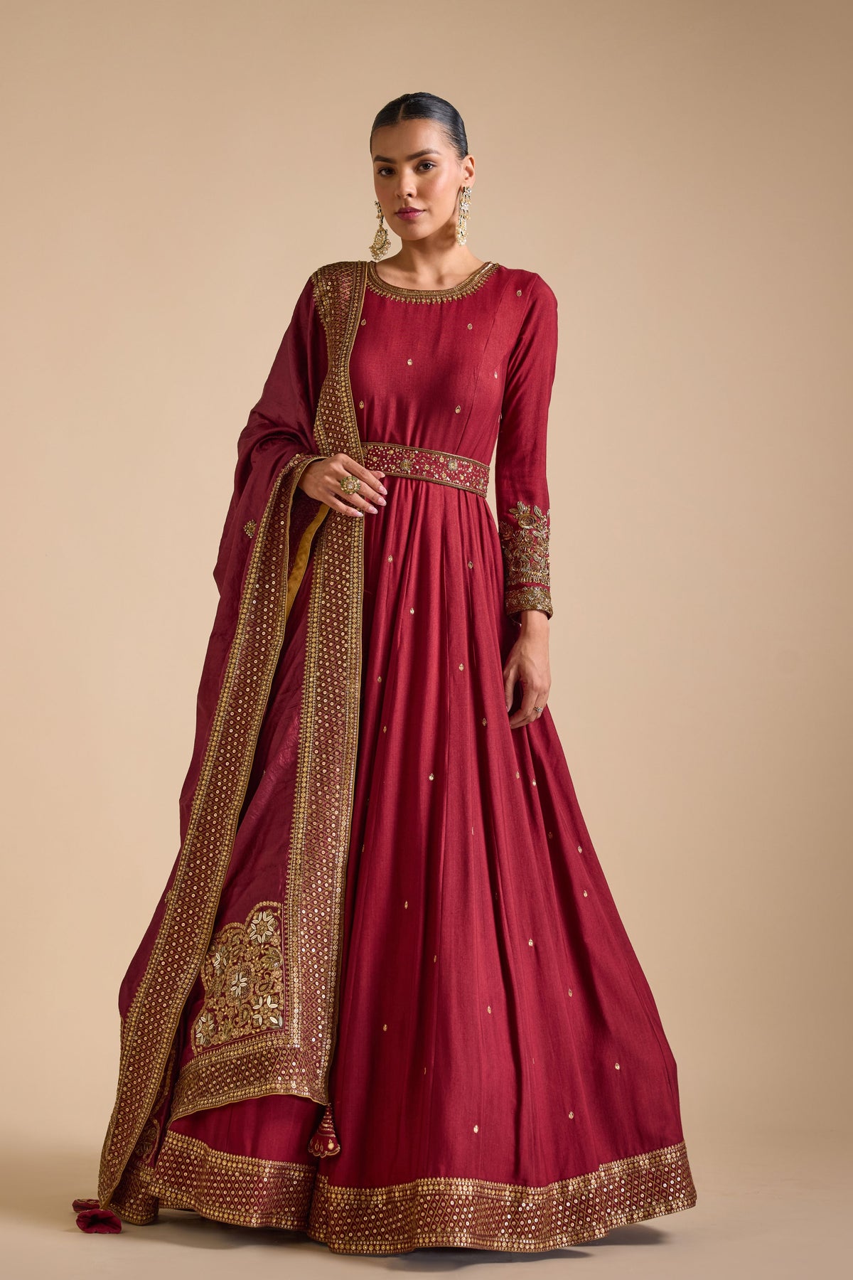 Embroidered Cuff Tussar Anarkali Set