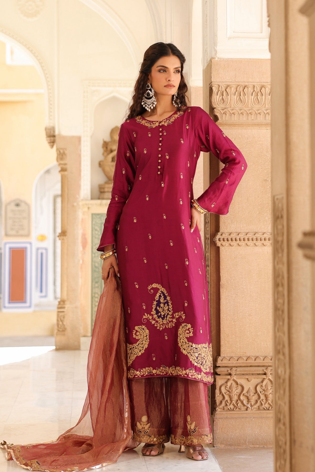 Applique Long Wine Kurta Set