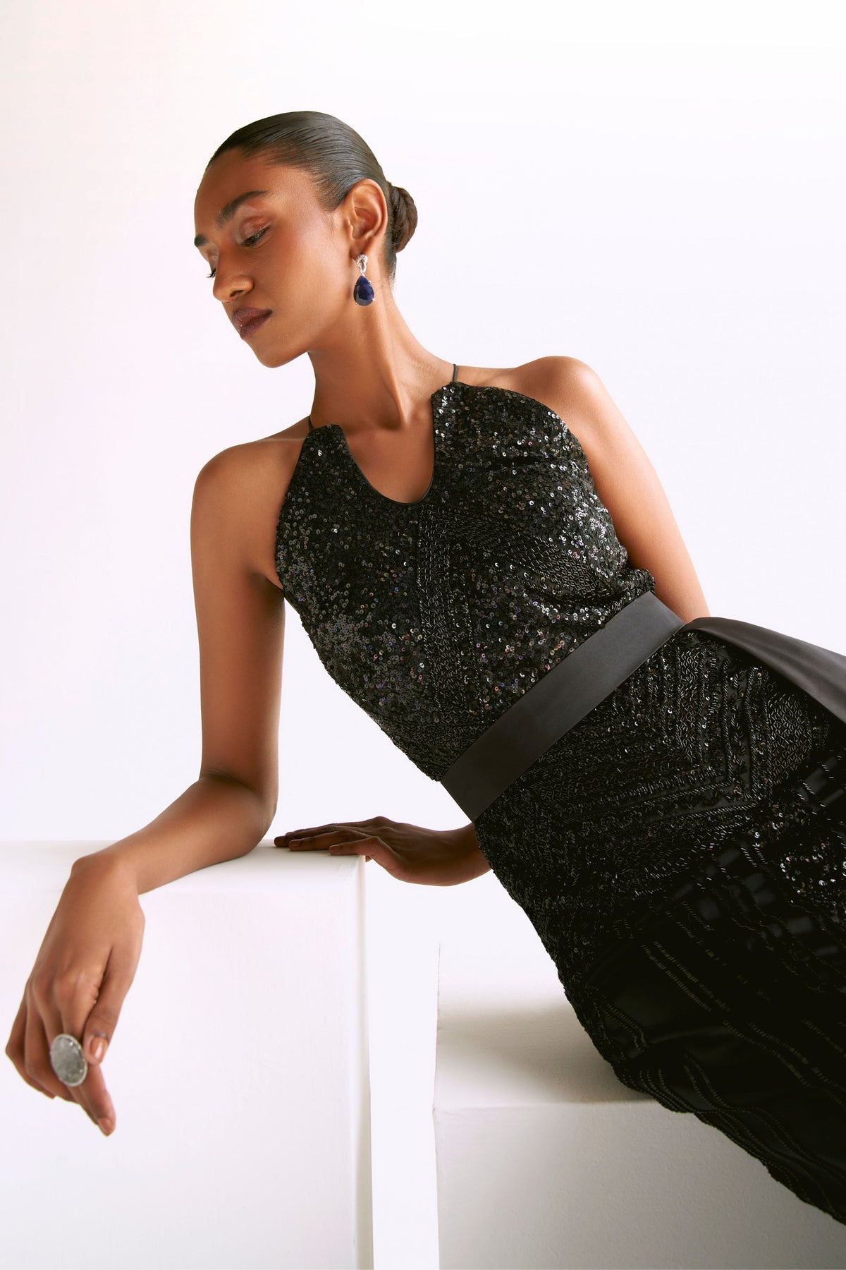 Black Embellished Trumpet Gown