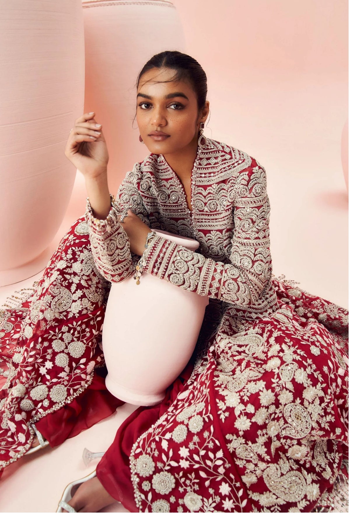 Red Embroidered Jacket And Skirt Set