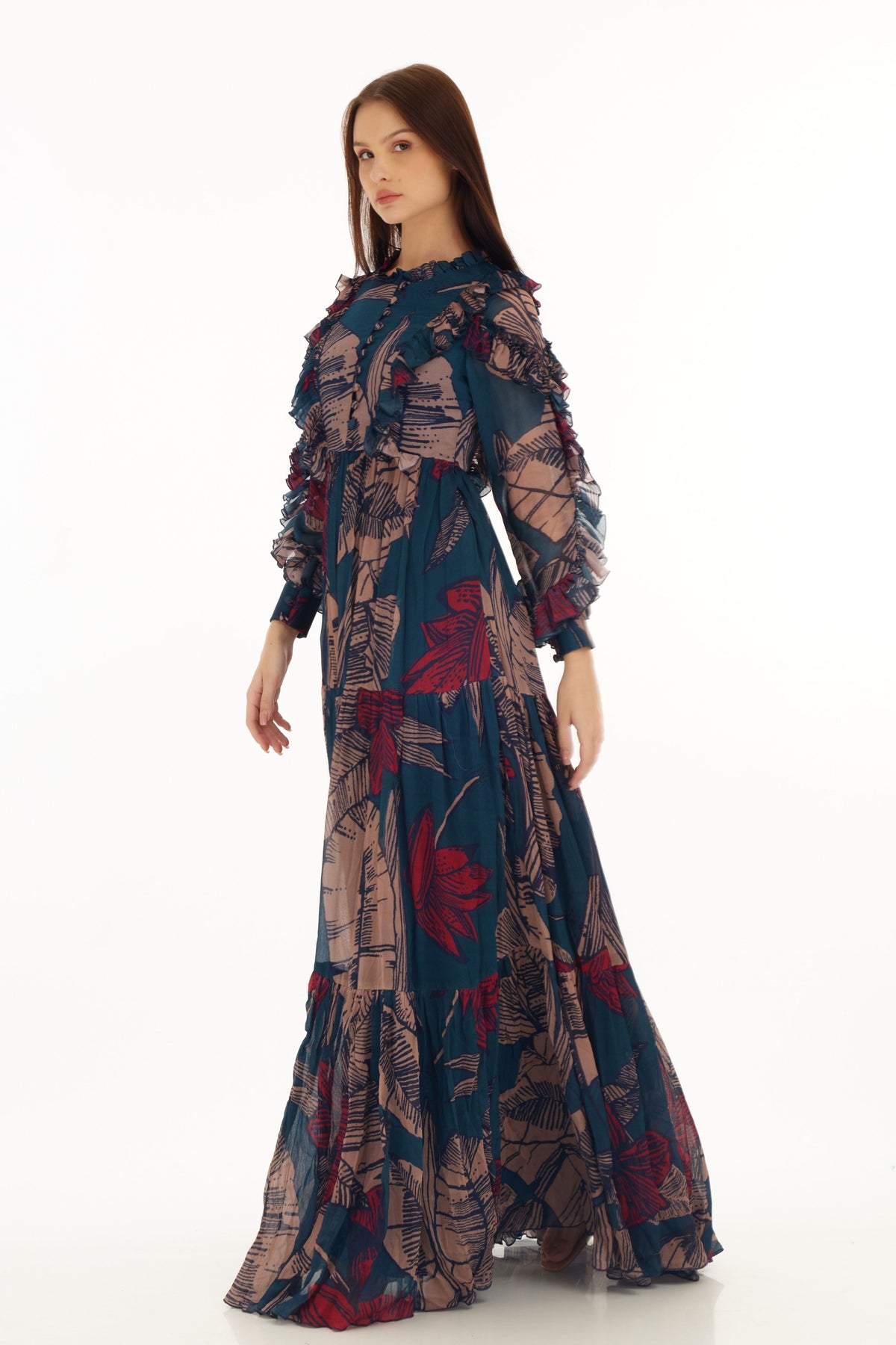 Multicolour Floral Frill Long Dress