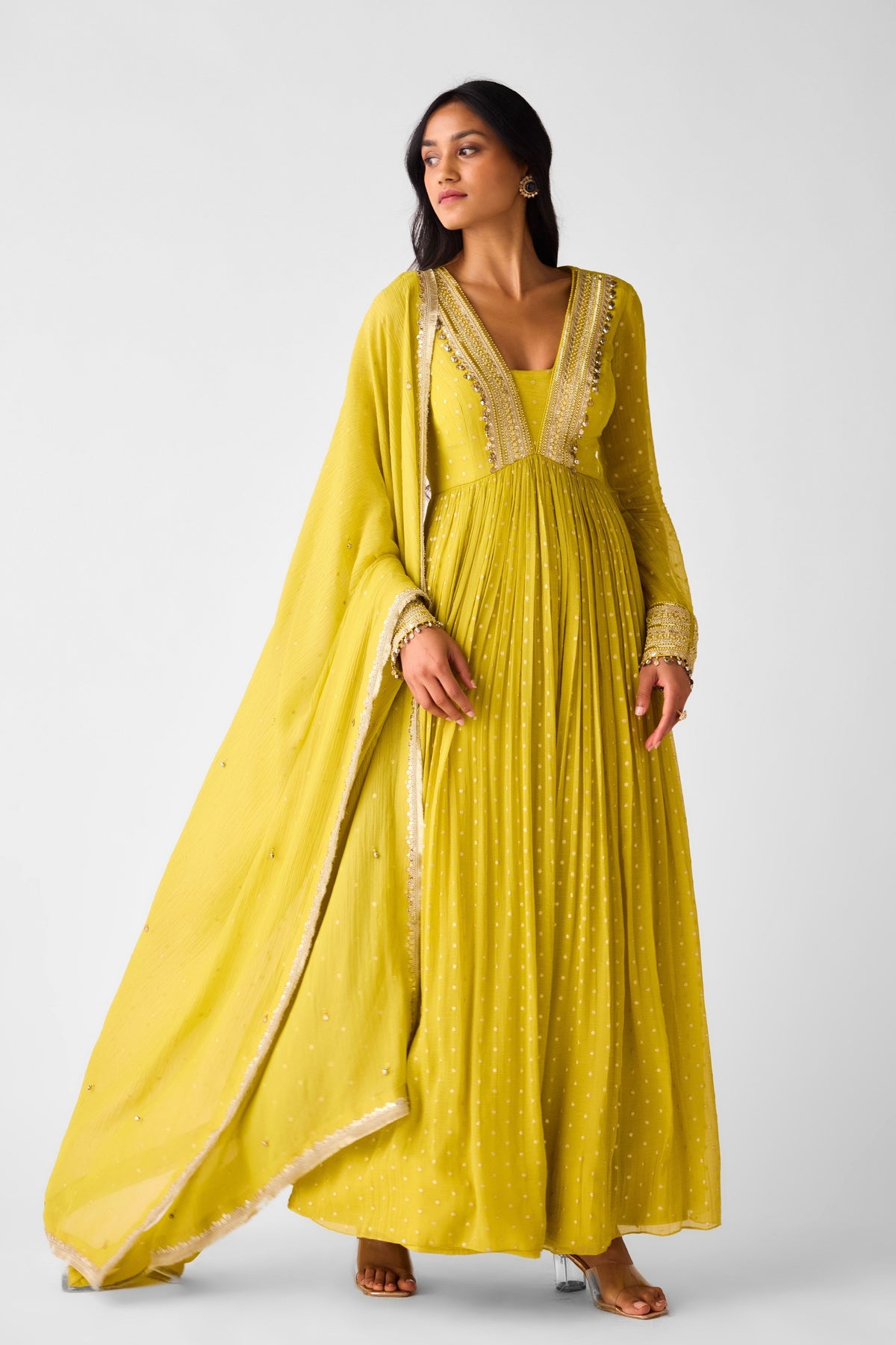 Yellow Banarasi Chinon Anarkali Set