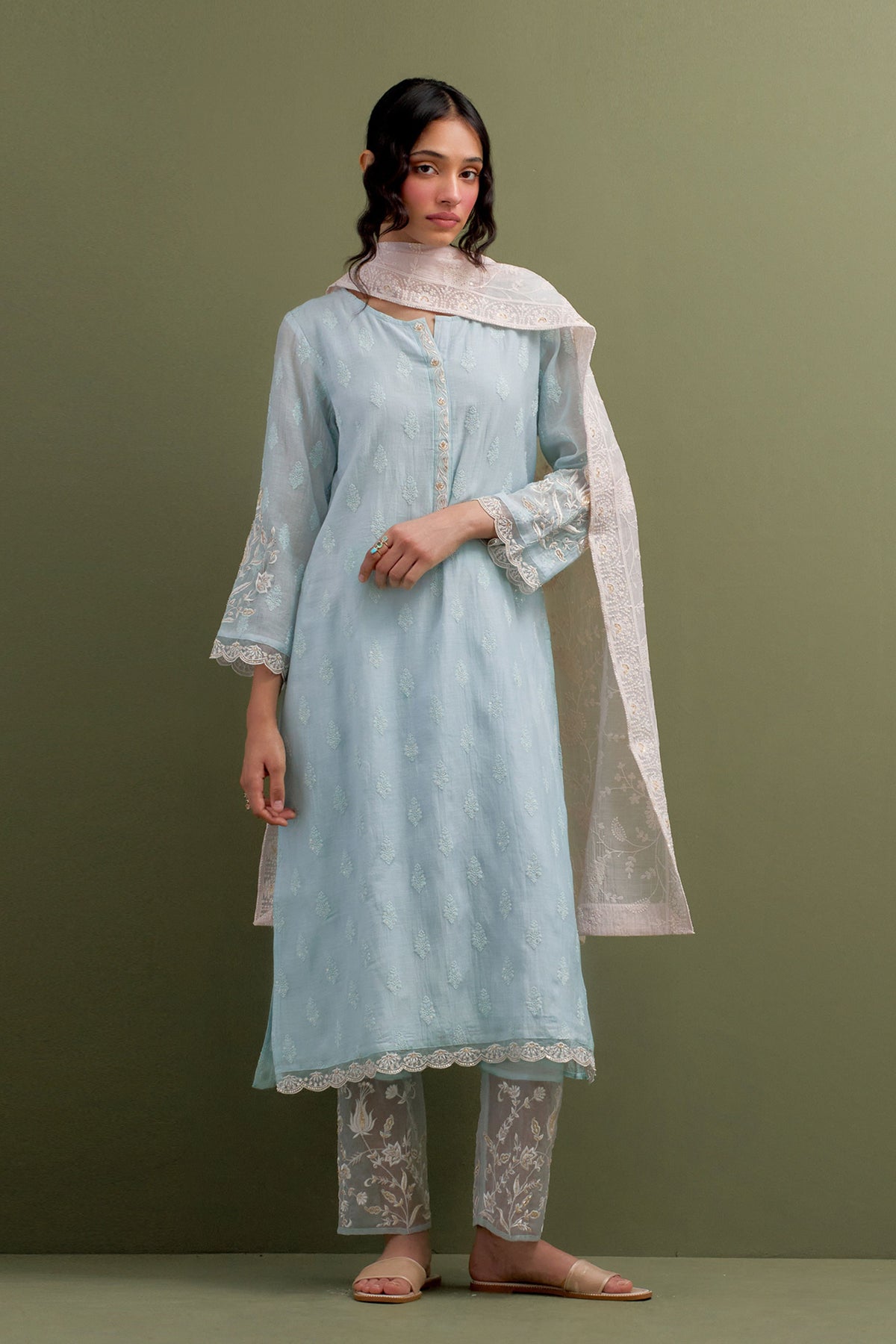 Blue Embroidered Kurta Set With Dupatta