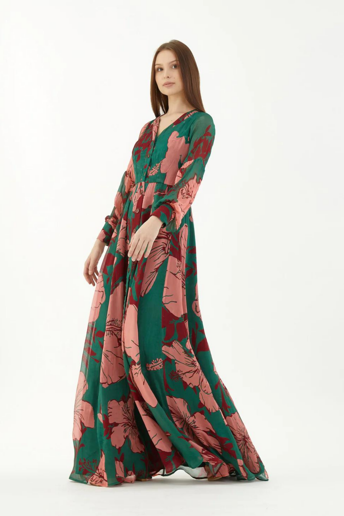 Green, Pink And Red Floral Long Shirt Dress