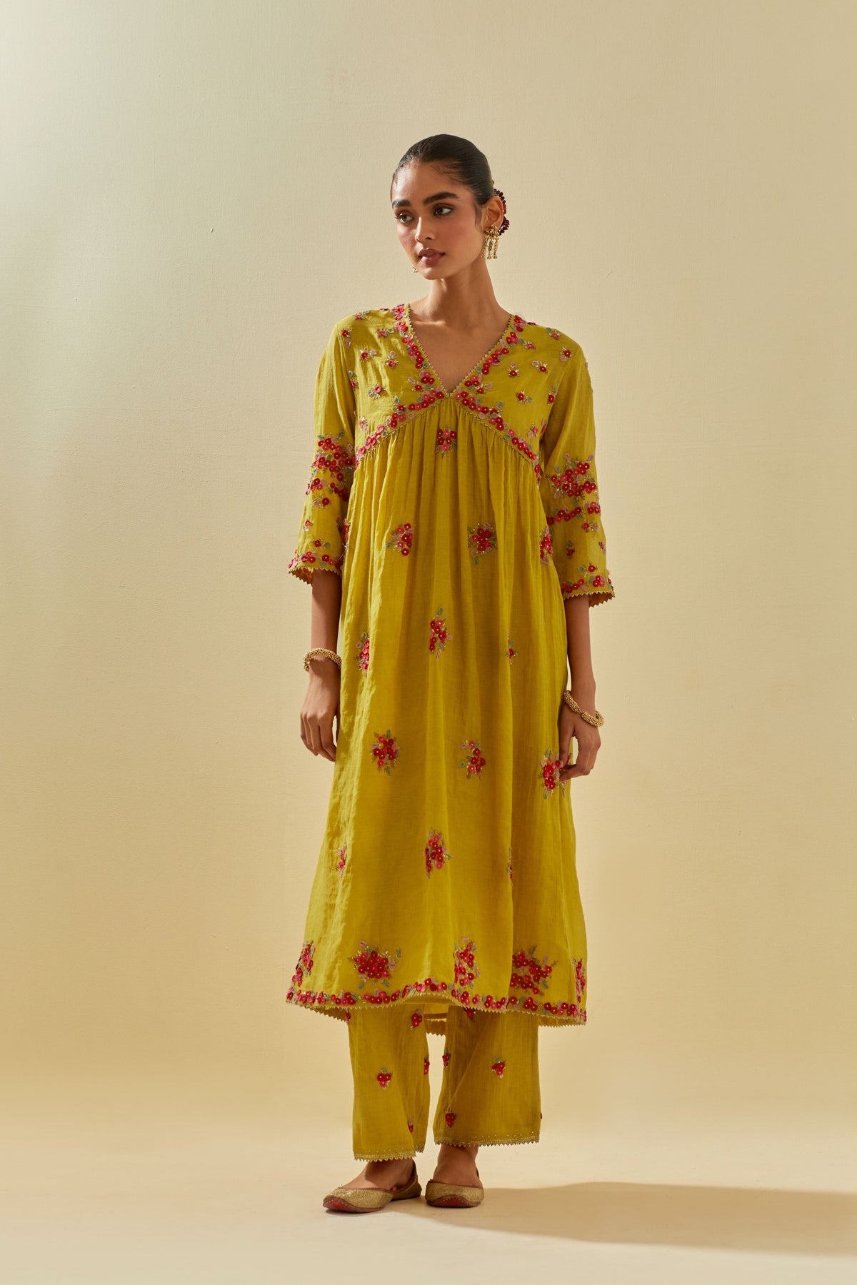 Yellow V Neck Kurta Set