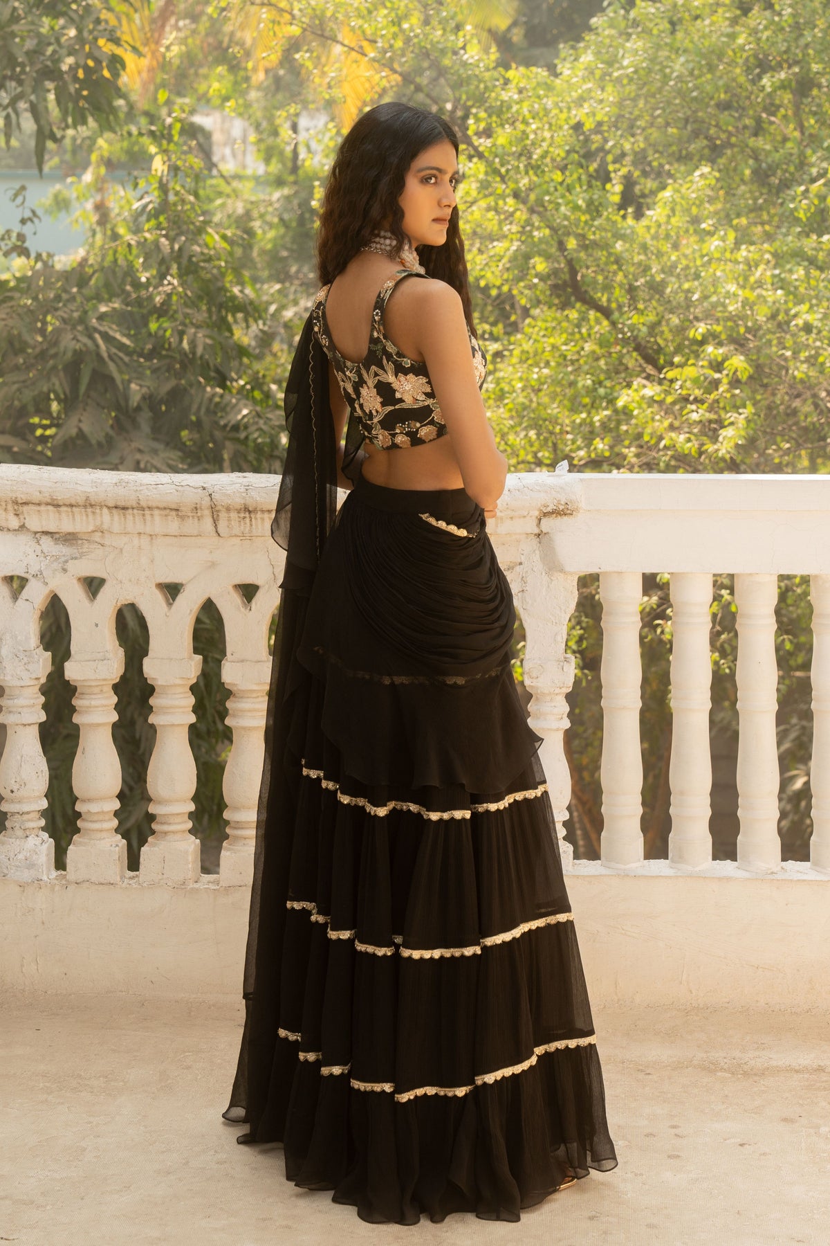 Black Pre-draped Saree Set