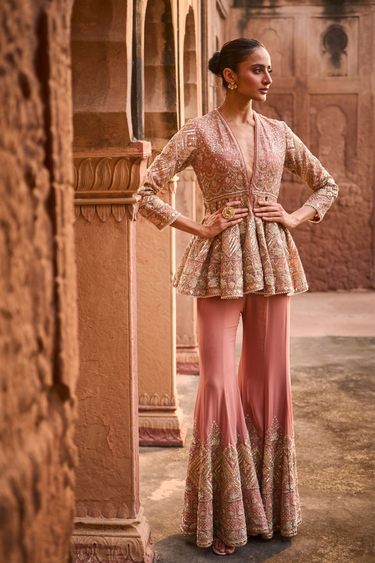 Embroidered Peach Sharara Set