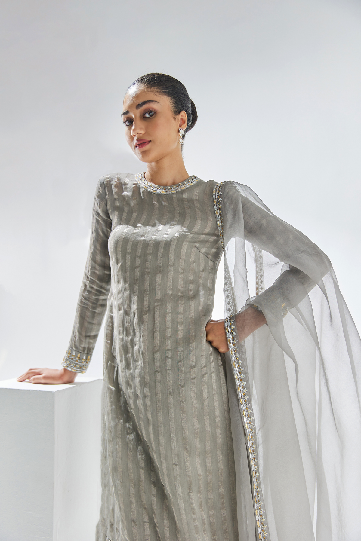 Stone Grey Embroidered Kurta Set