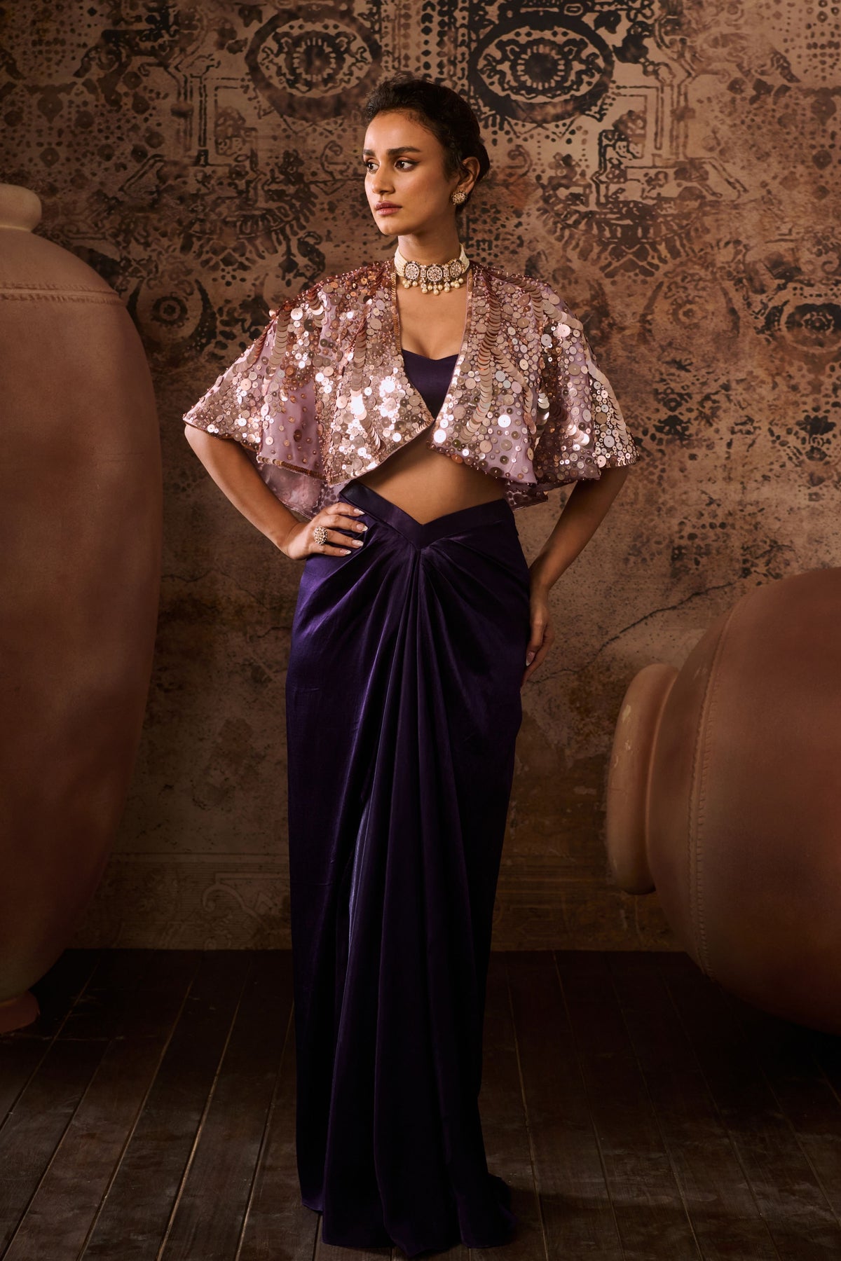 Lilac Embroidered Cape Set