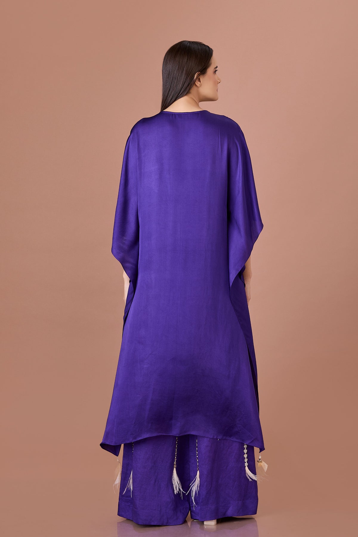 Purple Long Kaftan With Feathers