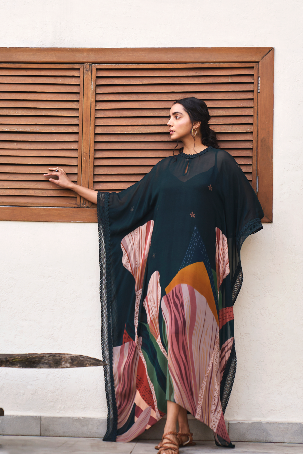 Bottle Green Abstract Print Long Kaftan