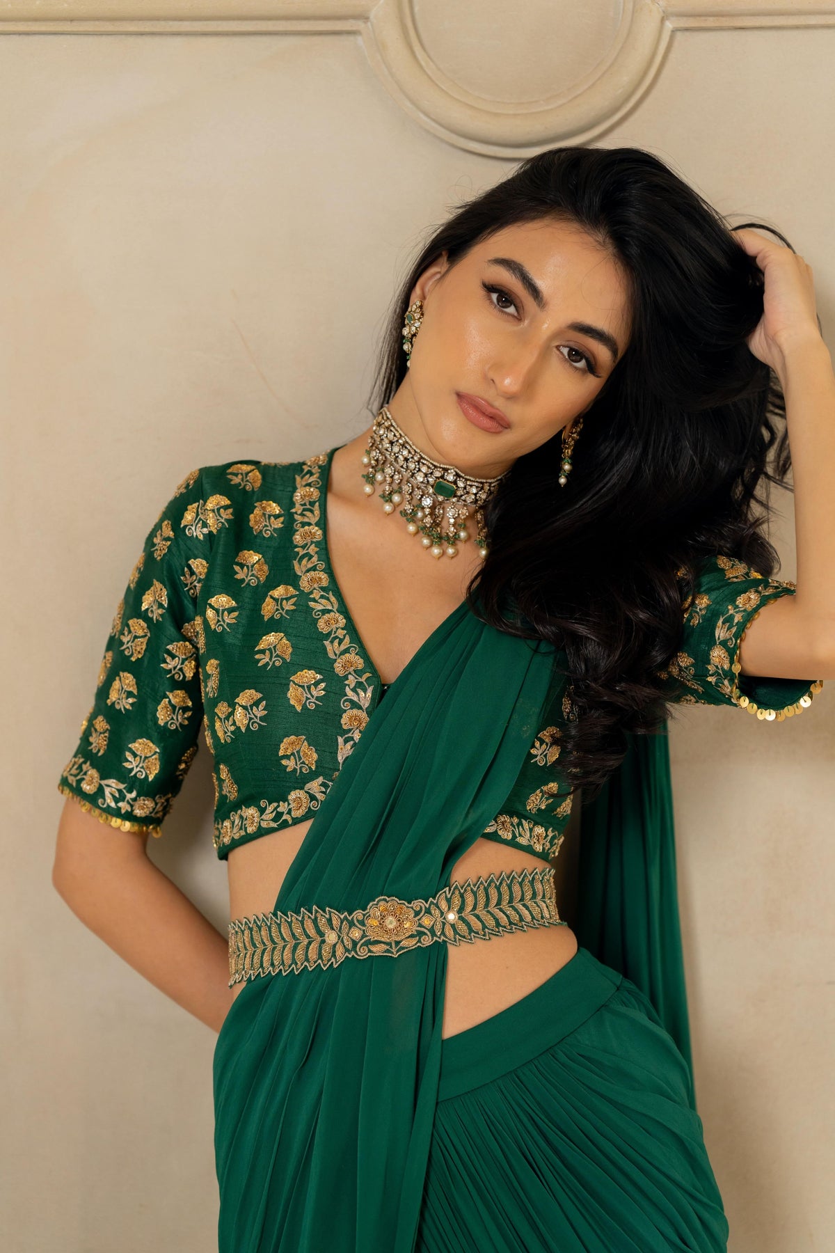 Emerald Green Antique Tone Saree Set