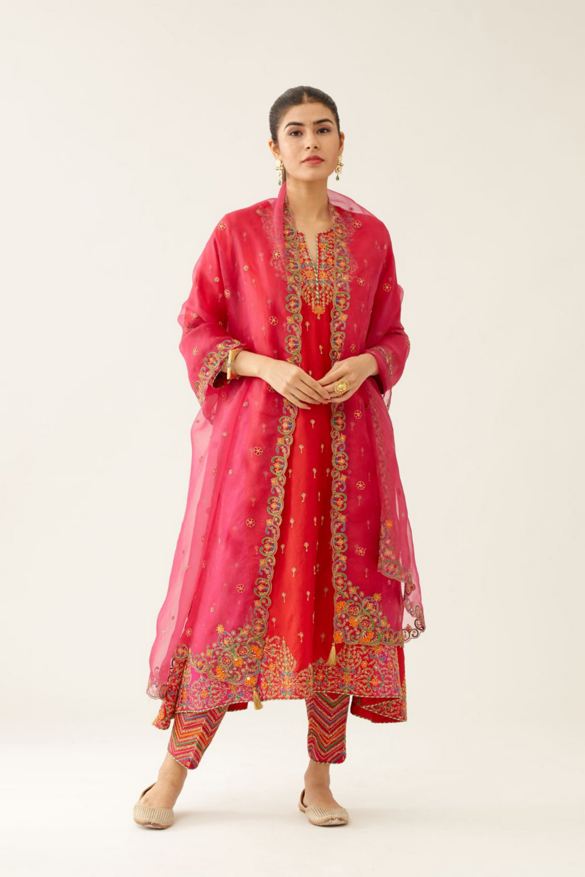 Red &amp; Fuchsia Silk Kalidar Kurta Set