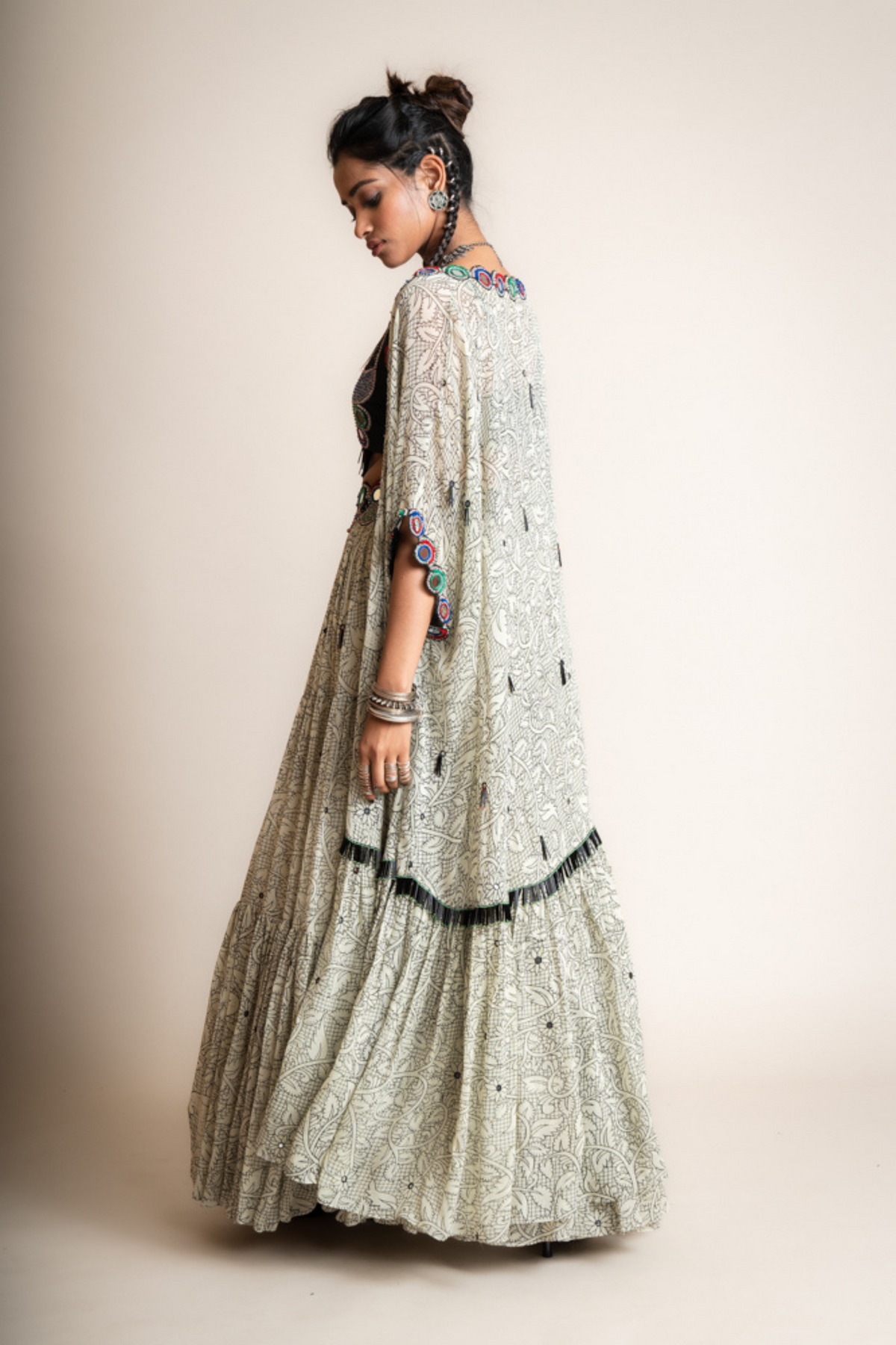 Coconut Frill Jacket And Tiered Lehenga