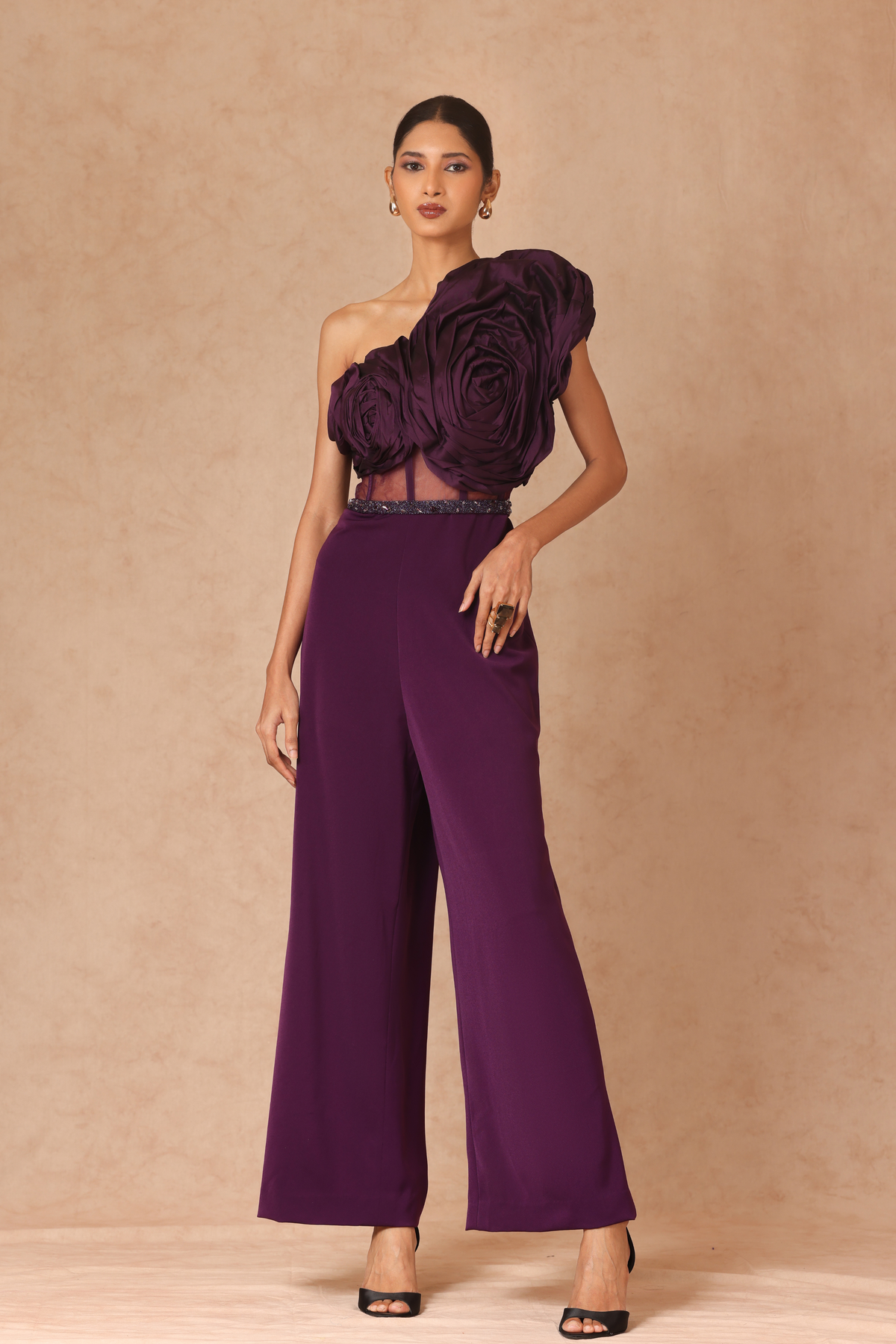 Purple Taffeta Draped Jumpsuit With Belt