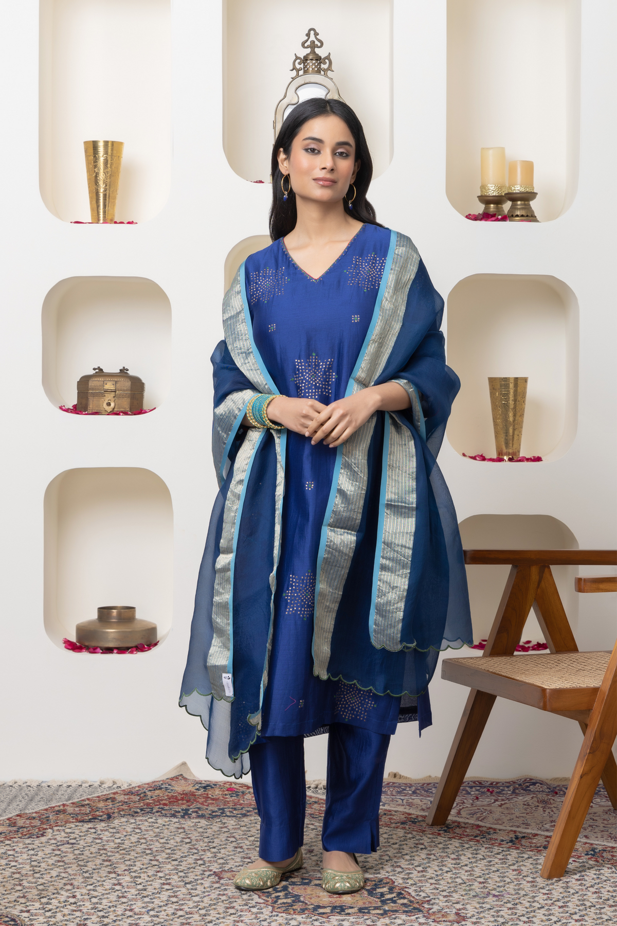 Navy Blue Chanderi Kurta Set