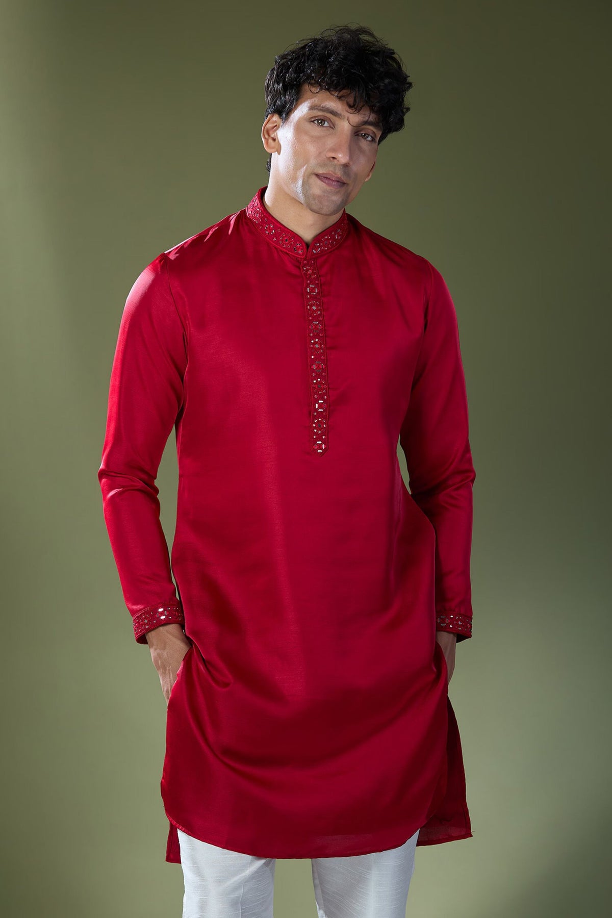 Cherry Red Mirror Embroidered Kurta Set