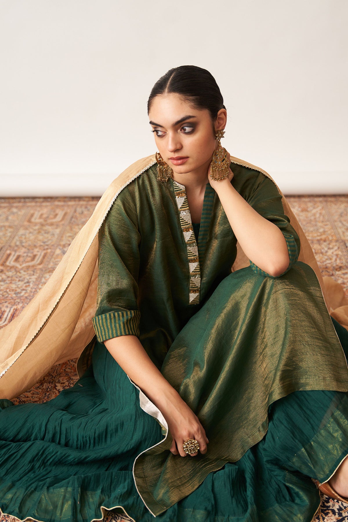 Bottle Green Kurta With Skirt