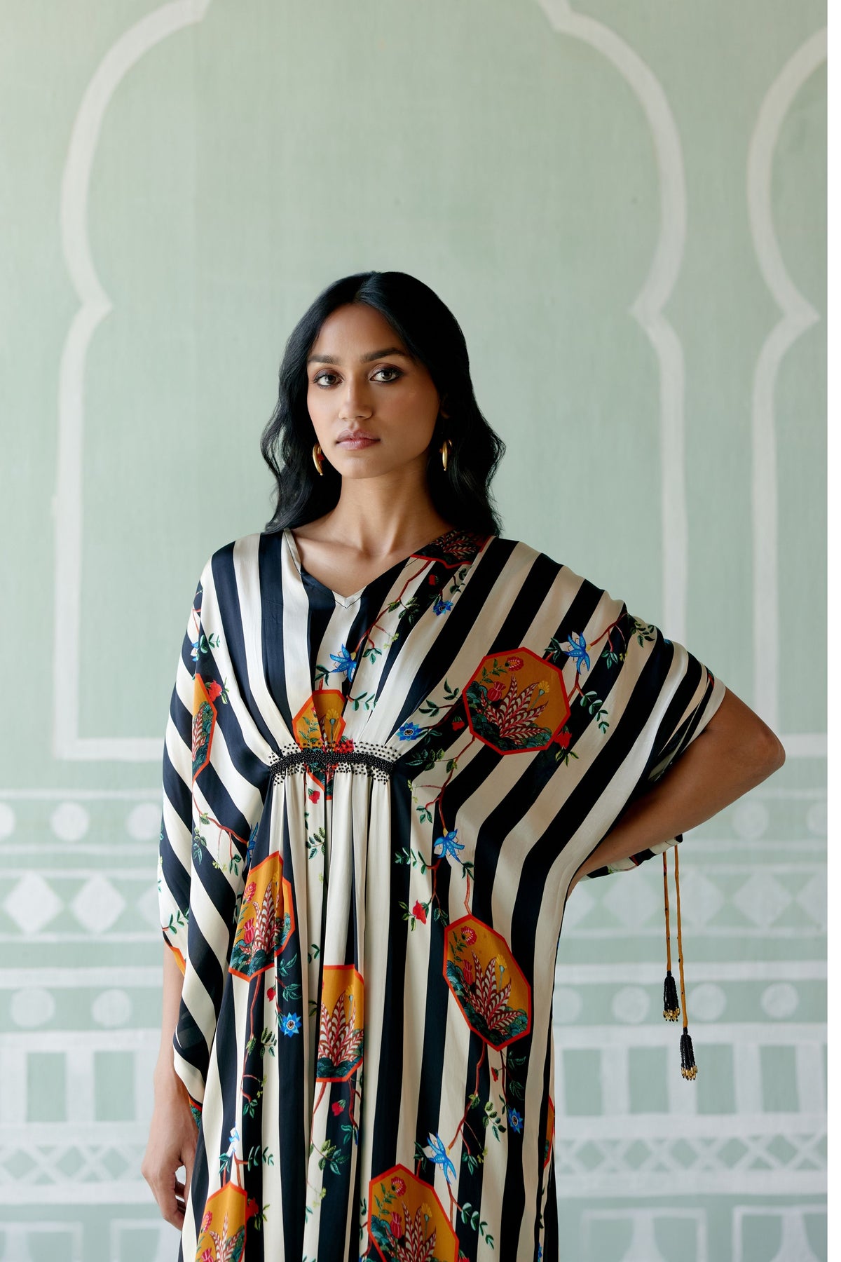 Black &amp; White Striped Kaftan Set