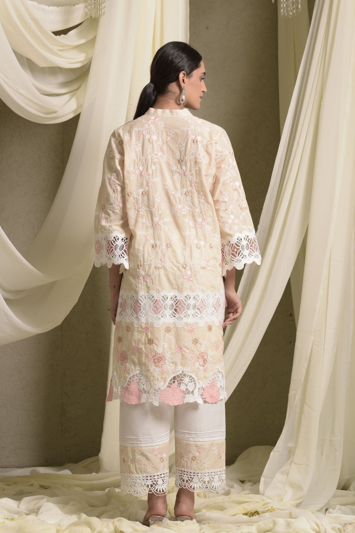 Beige Rose Lace Kurta Set