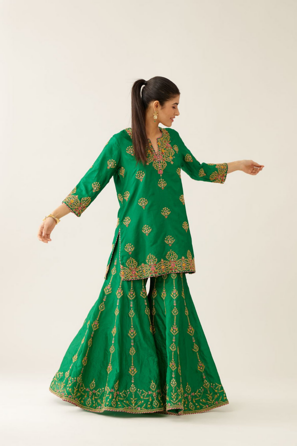 Green Silk Short Kurta Set