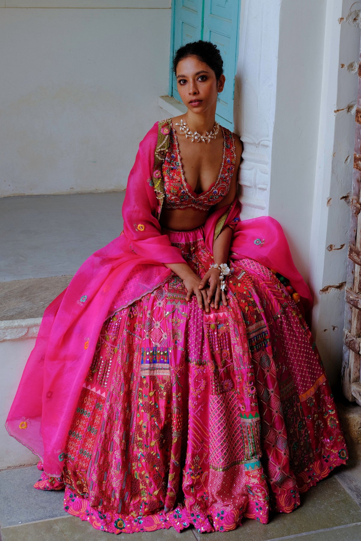 Fuchsia Embellished Silk Lehenga Set