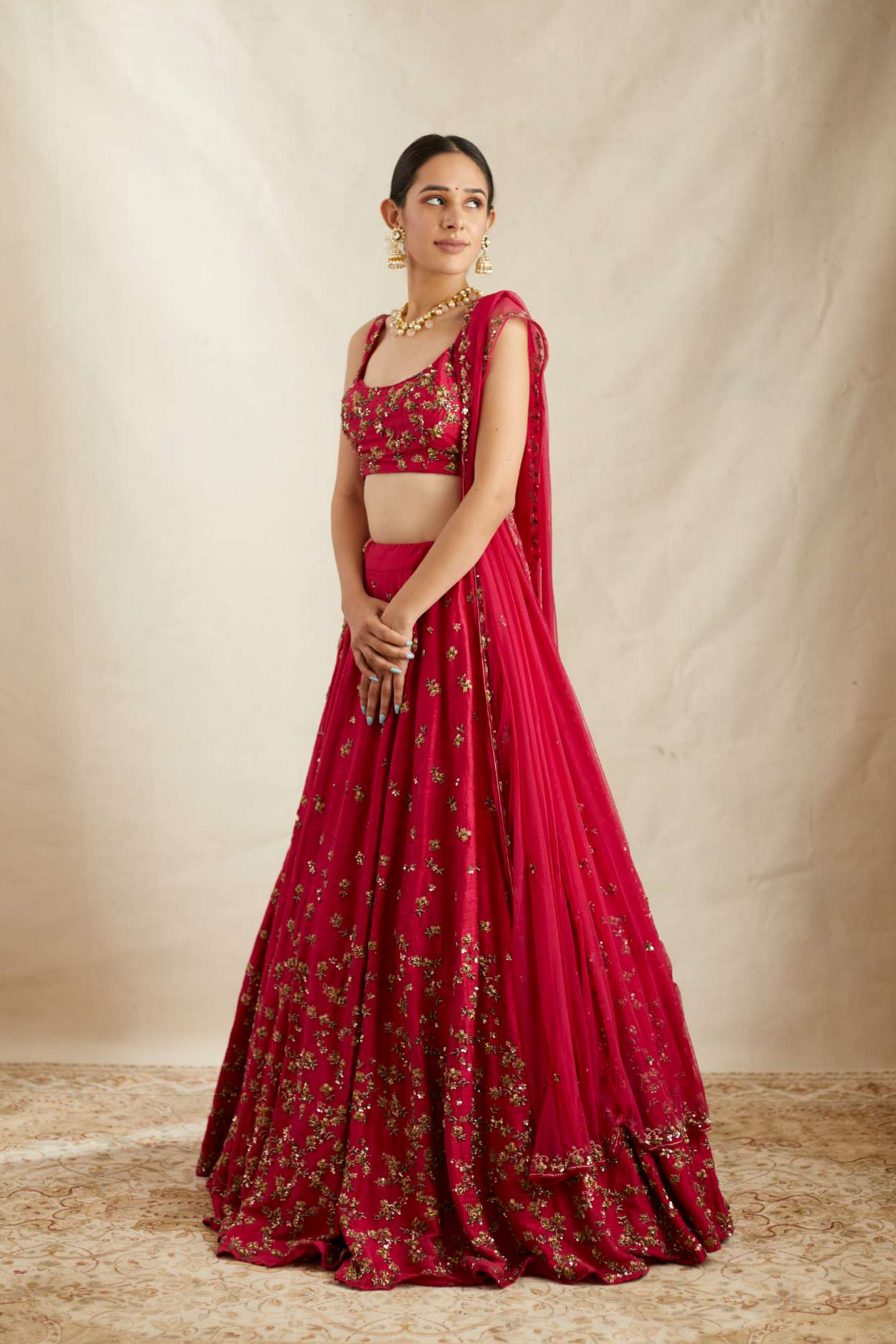 Carmine Pink Raw Silk Lehenga Set