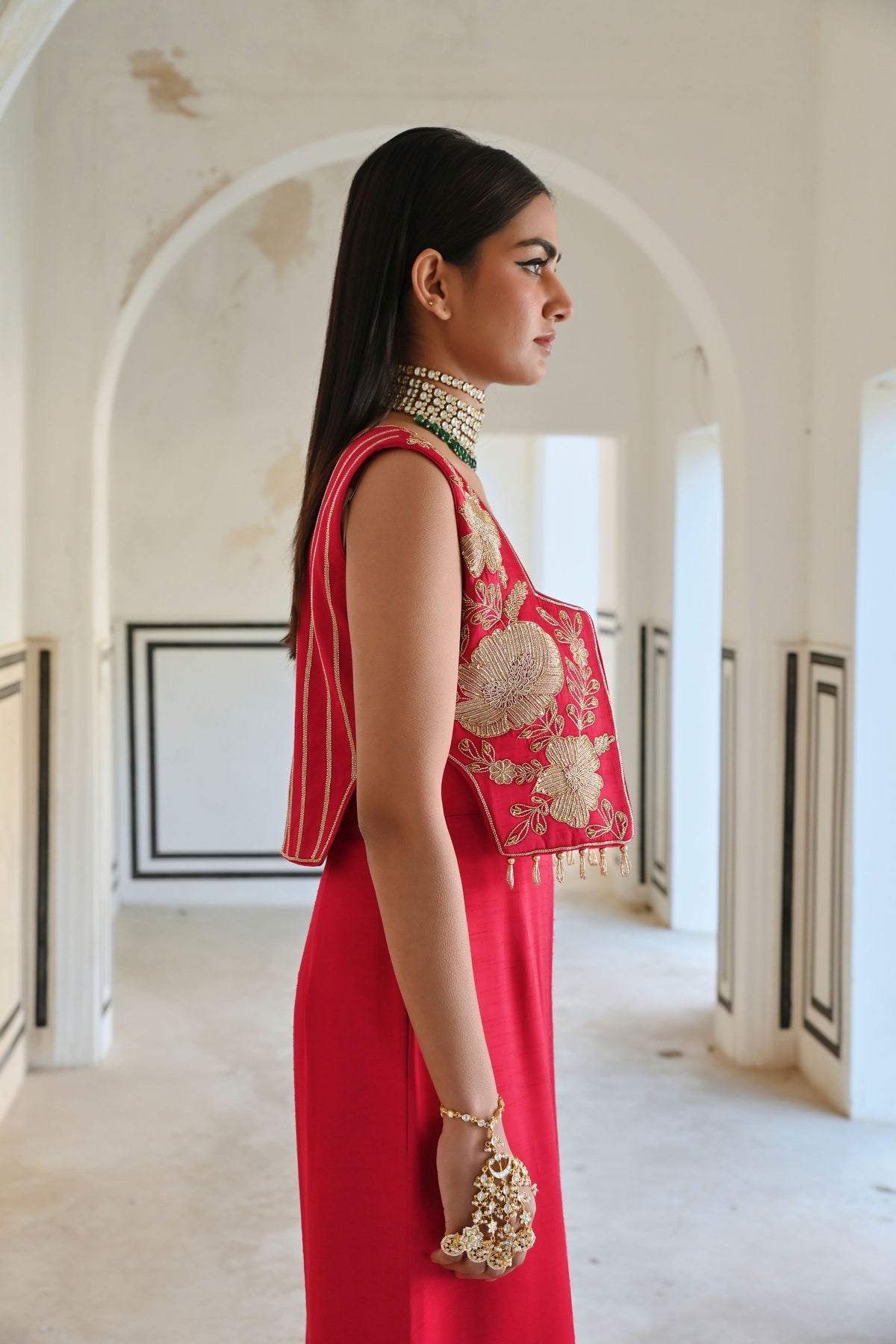 Red Embroidered Jumpsuit With Jacket