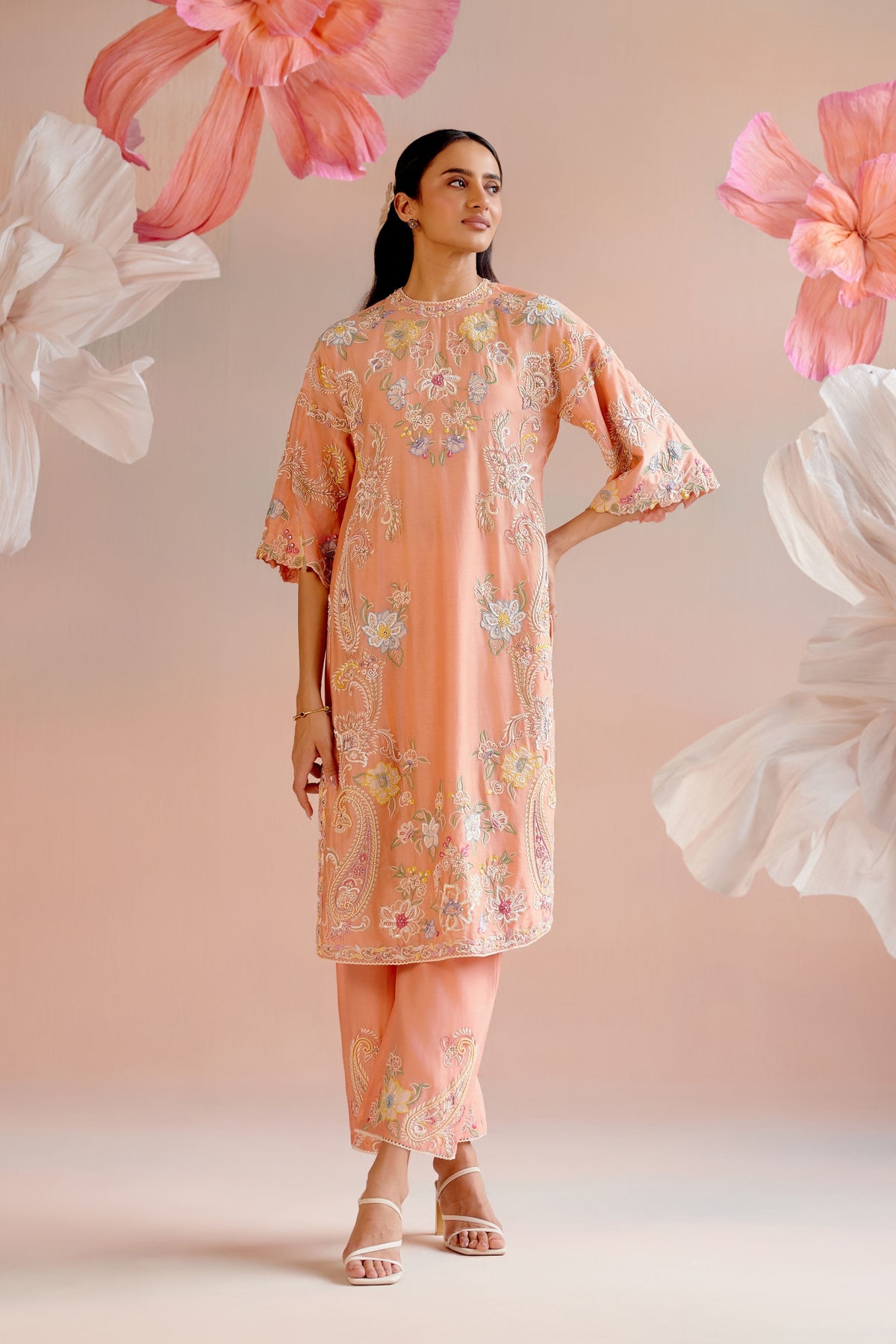 Apricot Contrast Embroidered Kurta Set