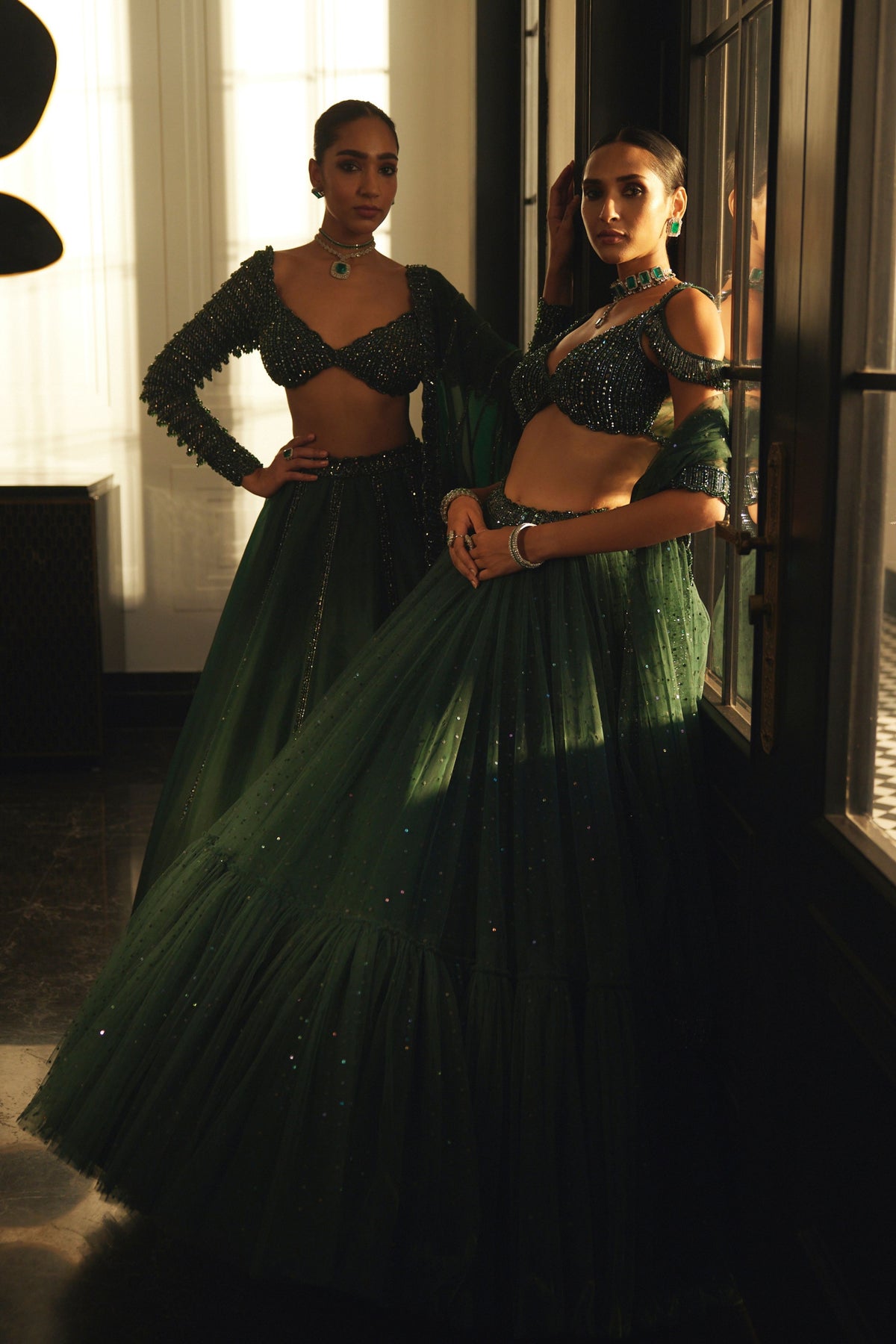 Dark Jade Green Organza Lehenga Set