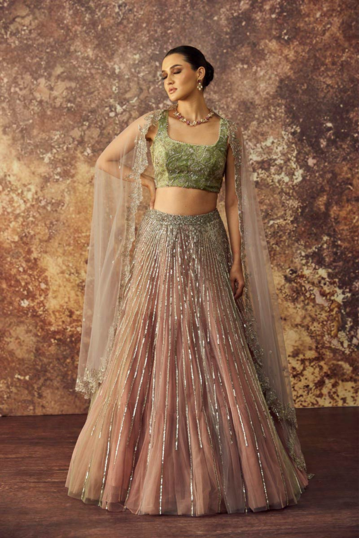 Multi Coloured Tulle  Lines Lehenga Set