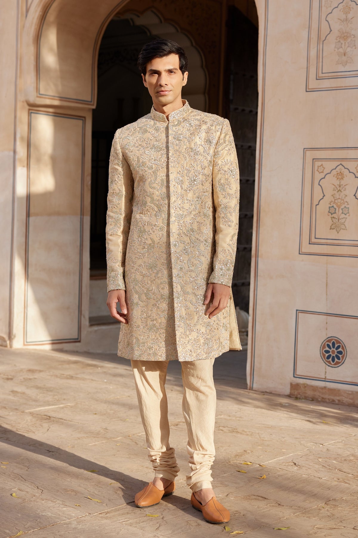 Beige Champagne Embroidered Sherwani Set