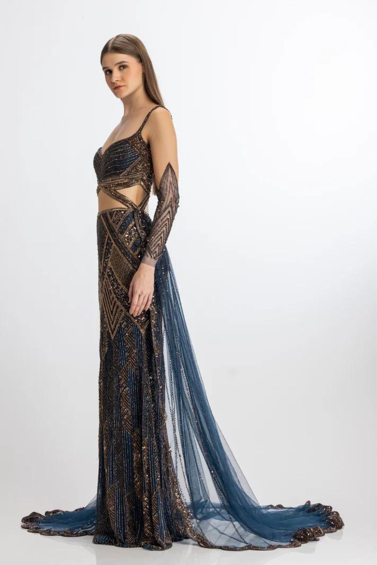 Midnight blue gown with an overskirt