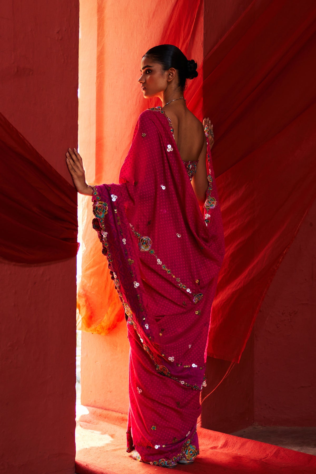 Pink Embroidered Sari Set