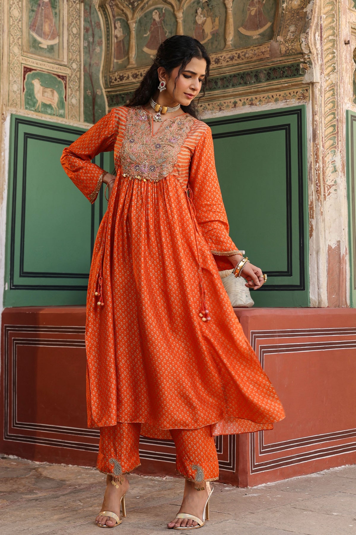 Printed Frockstyle Orange Kurta Set